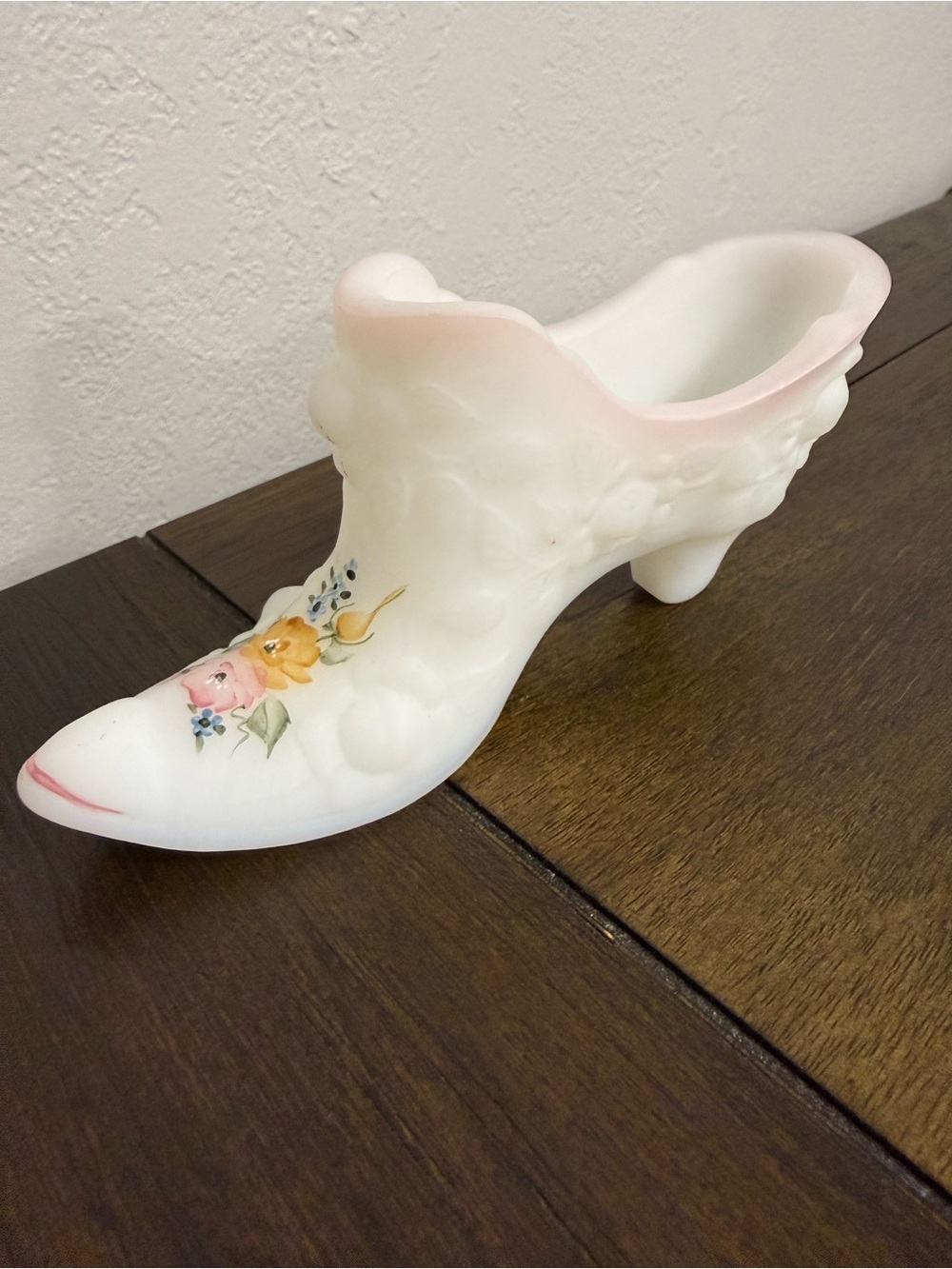 Fenton White and Pink Floral Decorative Shoe Vase